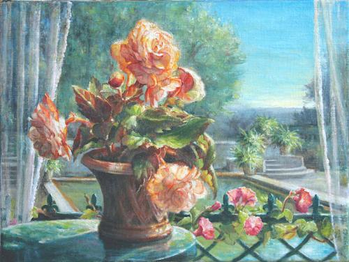 Begonias with a view of a garden